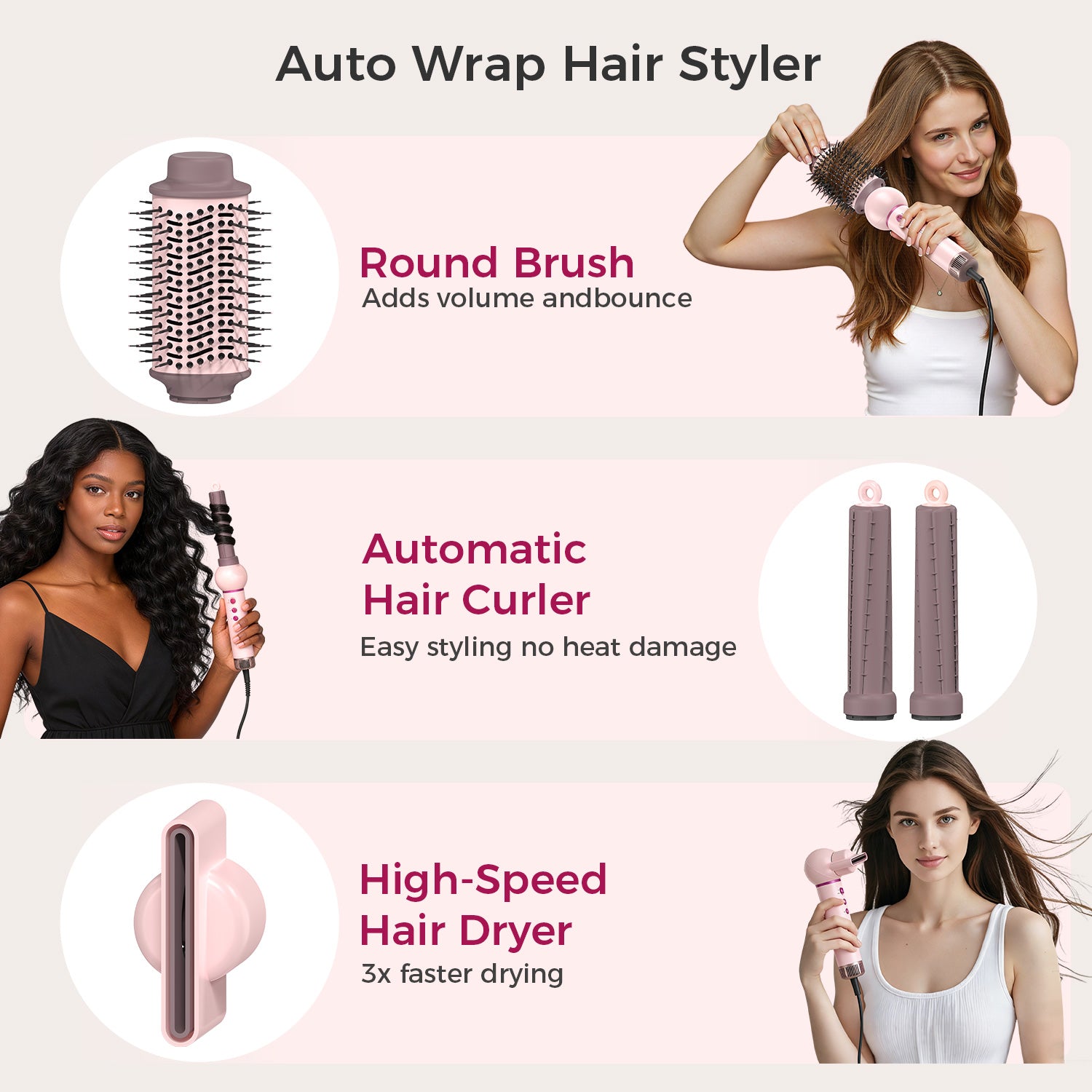 5-in-1 Hot-Air Brush & Ionic Hair Dryer for Fast Drying, Curling & Volumizing | Lightweight Travel