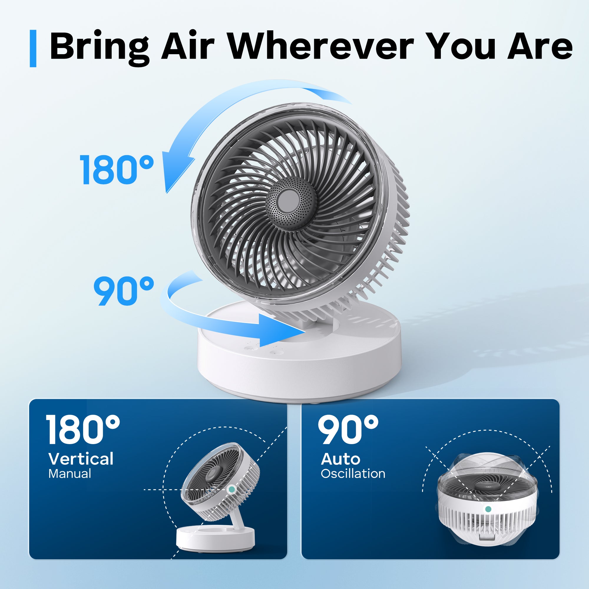 Portable Rechargeable Fan with 4000mAh Battery, Foldable Desktop Fan, 90° Oscillating Personal Fan for Home, Office & Travel, Hanging or Tabletop Use