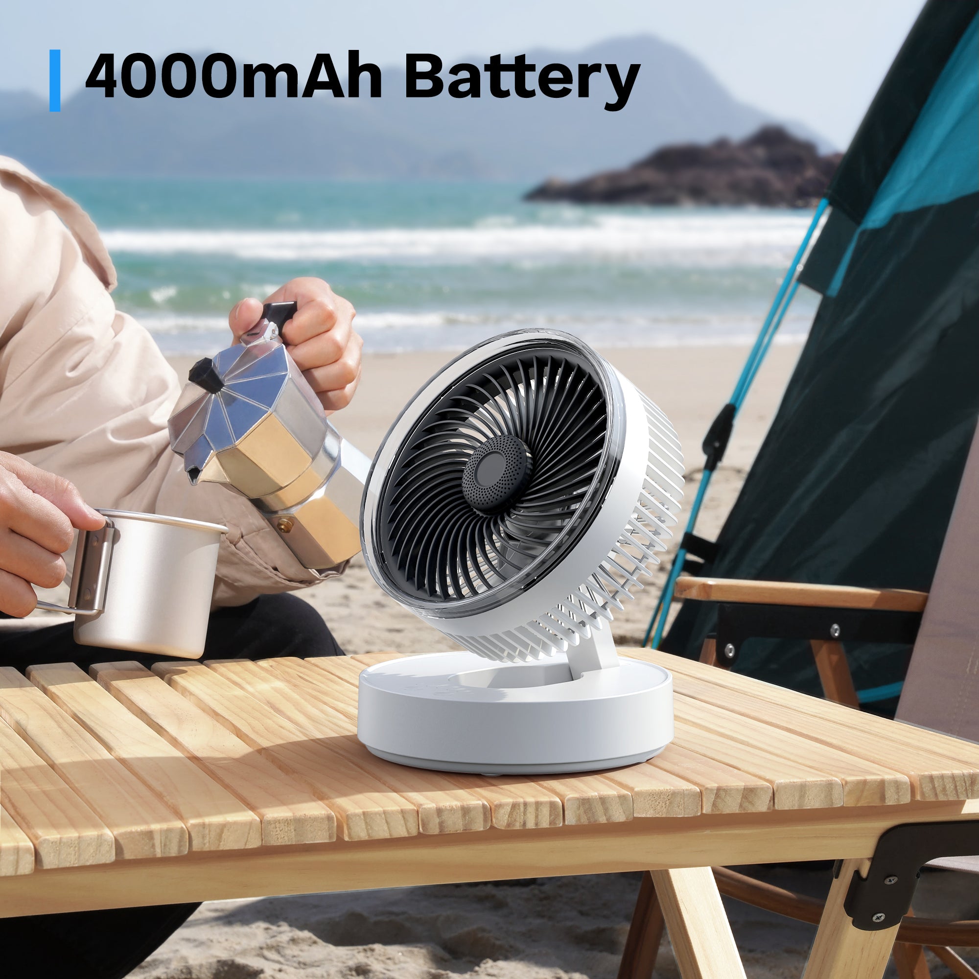 Portable Rechargeable Fan with 4000mAh Battery, Foldable Desktop Fan, 90° Oscillating Personal Fan for Home, Office & Travel, Hanging or Tabletop Use