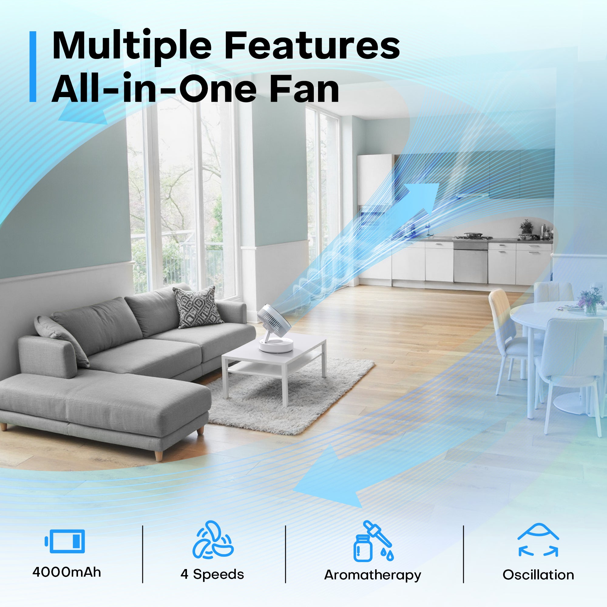 Portable Rechargeable Fan with 4000mAh Battery, Foldable Desktop Fan, 90° Oscillating Personal Fan for Home, Office & Travel, Hanging or Tabletop Use